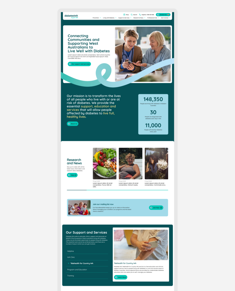 Diabetes WA Website concept showing the brand applied to the existing blocks. Not intended as the final website.